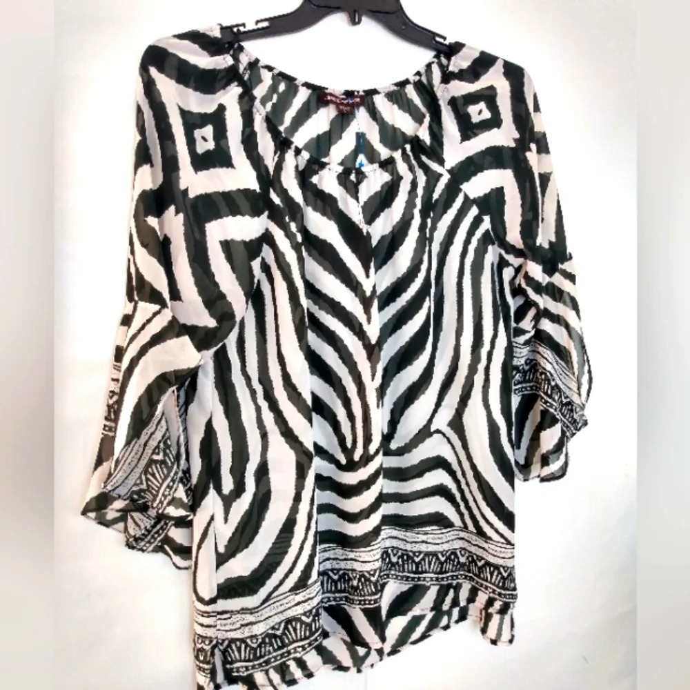 Women's Sheer Blouse Black White Split Ruffle Sleeve Shirt Size Large